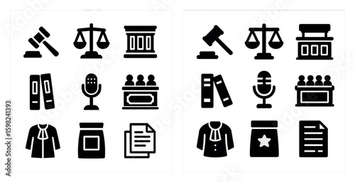 Law and justice solid icons set – filled, legal, court system symbols