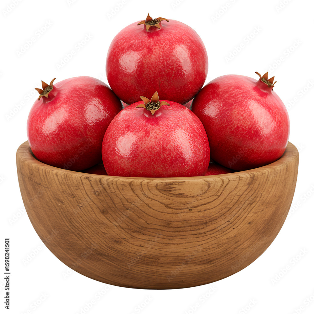 Realistic Pomegranates in Wooden Bowl on Transparent Background Realistic Pomegranates in Wooden Bowl on Transparent Background