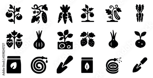 Gardening tools and vegetables icons set – solid, silhouette, garden symbols