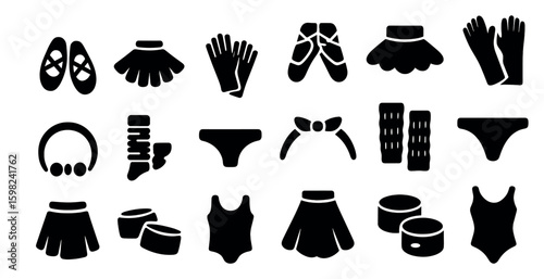 Ballet apparel silhouette icons set – solid, dancer, costume graphics