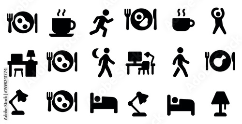 Food and fitness solid icons set – meal, exercise, health symbols in silhouette style