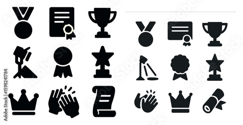 Awards and achievements solid icons set – silhouette, filled, trophy symbols