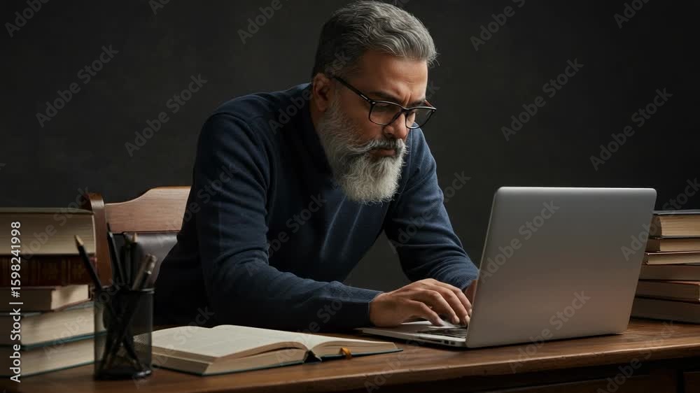 Focused senior man with a grey beard working on a laptop at a desk with books. An intellectual professor or writer studying and researching online in a home office or library.