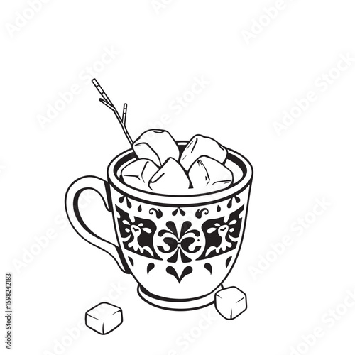 Winter cocoa cup with marshmallows vector design concept black and white illustration.
