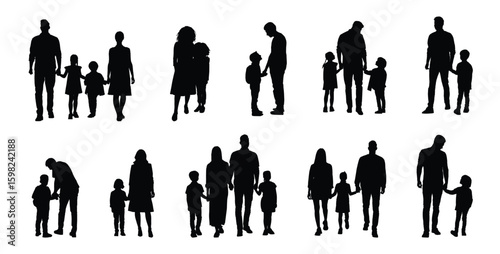 Silhouette of parents with children, family walking and talking poses, black vector figures on white background, perfect for parenting, education, and social campaign designs