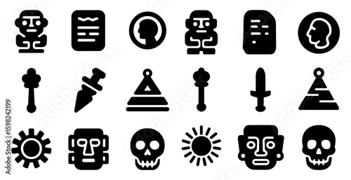 Ancient mayan silhouette icons set – solid, filled, historical and cultural symbols