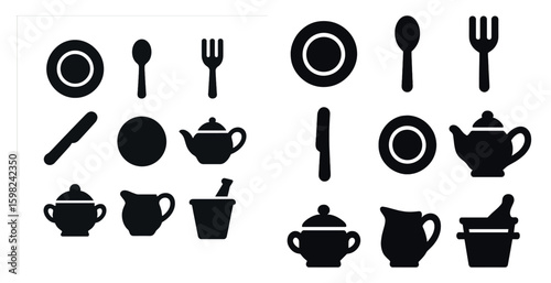 Dining and kitchen silhouette icons set – flat, solid, cookware and tableware symbols