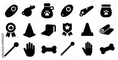 Pet training silhouette icons set – solid, filled, dog obedience symbols
