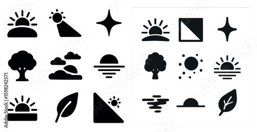 Nature and dawn silhouette icons set – simple, flat, minimalist sunrise symbols