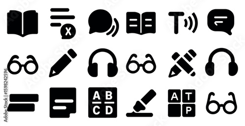 Education solid icons set – filled, academic, learning tools collection