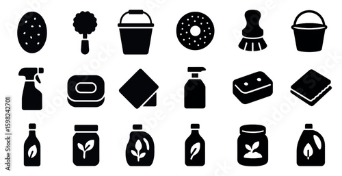 Cleaning tools solid icons set – filled, household, sanitation symbols