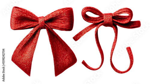 Two shiny red fabric bows, one tied and one untied, displayed isolated on white or transparent png to accentuate their intricate textures and form