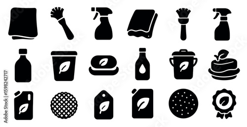 Eco-friendly cleaning solid icons set – sustainable, green, household symbols