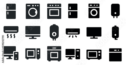 Home appliances solid icons set – kitchen, household, electronics symbols