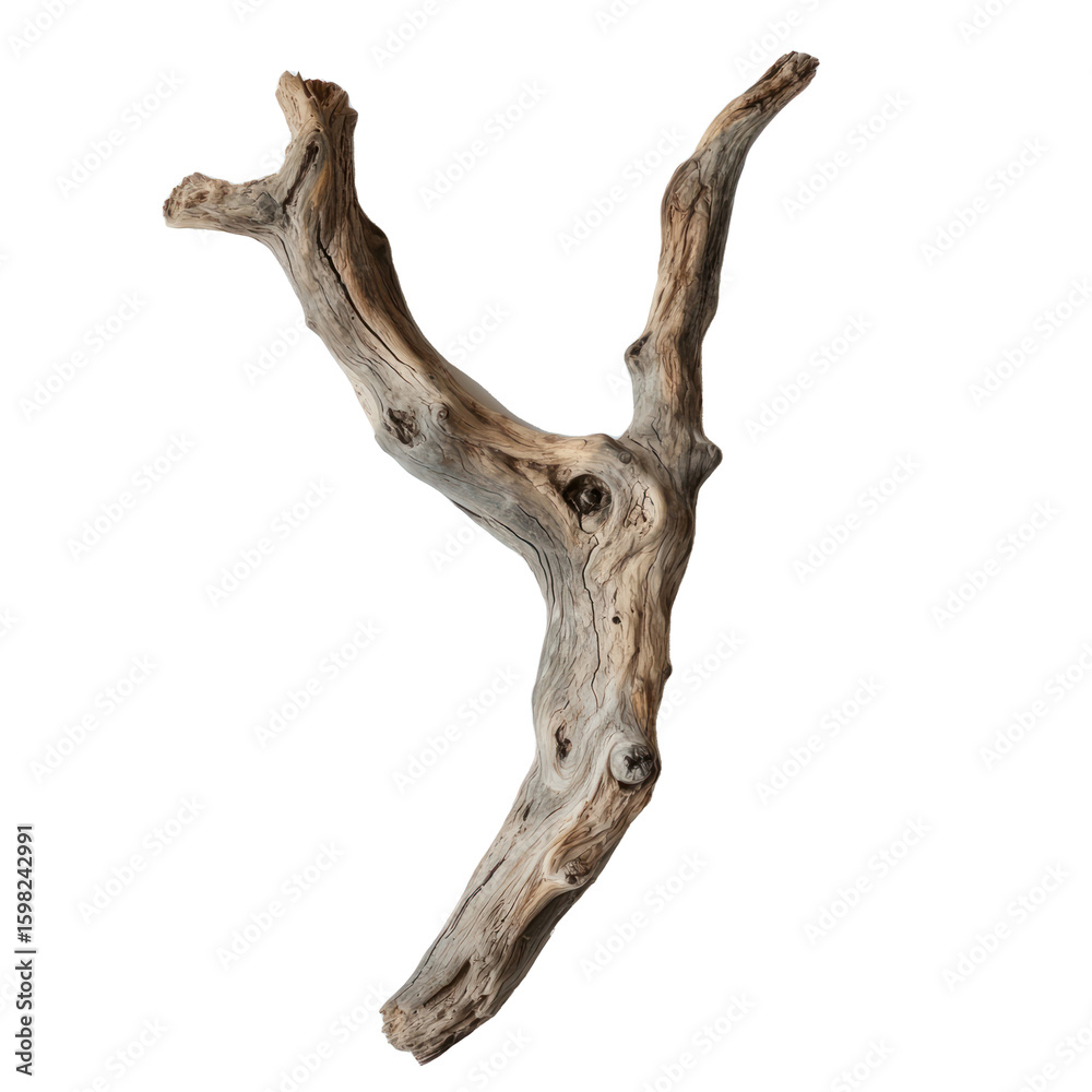 A driftwood piece leaning vertically against a wall, with soft light highlighting its weathered features. isolate on transparent background A driftwood piece leaning vertically against a wall, with soft light highlighting its weathered features. isolate on transparent background