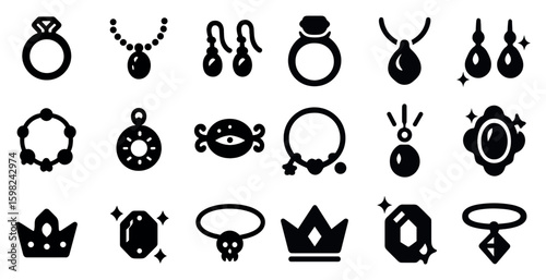 Jewelry and accessories solid icons set – silhouette, elegant, gemstone symbols