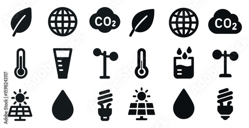 Environmental awareness solid icons set – filled, eco, sustainability symbols