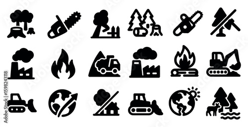 Forestry and environment solid icons set – silhouette, logging, conservation symbols