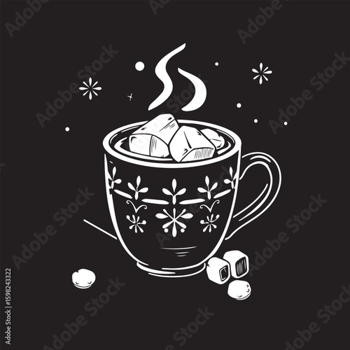 Winter cocoa cup with marshmallows vector design concept black and white illustration.