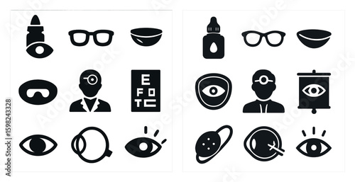 Vision and eye health icons set – solid, filled, ophthalmology and care symbols