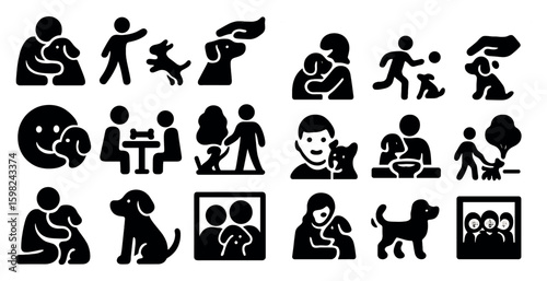 Pet care silhouette icons set – solid, filled, animal welfare and adoption symbols