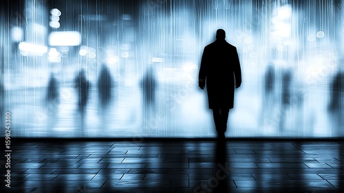 Silhouette of figure visible through fogged glass, taken with full-frame camera, 85mm lens, soft diffused light highlighting condensation and blurred details on window surface