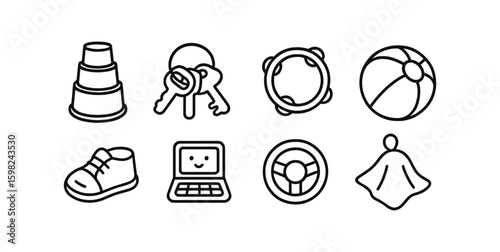 Toy and game line icon set. child, play, fun symbols in simple outline style