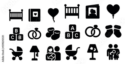 Baby and family solid icons set – silhouette, filled, parenting and childcare symbols