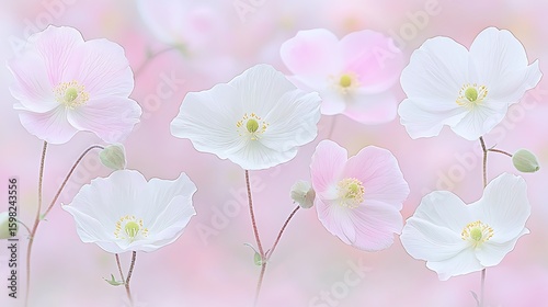 Bright outdoor scene featuring fragile flowers, 60mm macro lens, high key lighting emphasizing soft textures and subtle pastel color palette in background