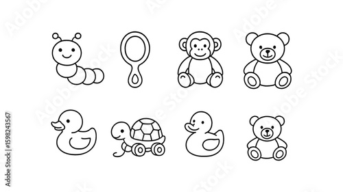 Baby toy outline icon set. playful, cute, fun line icons for nursery collection