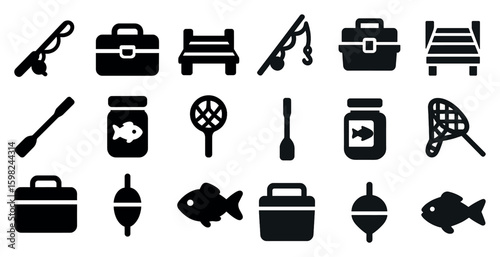Fishing and outdoor solid icons set – silhouette, filled, angling and camping symbols