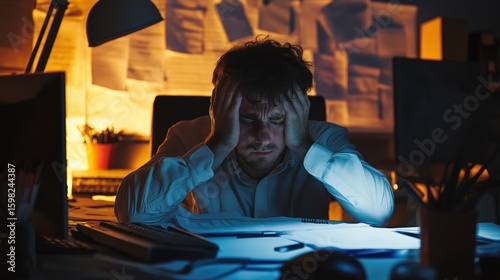 Exhausted Worker Struggling with Stress in Dimly Lit Office Space