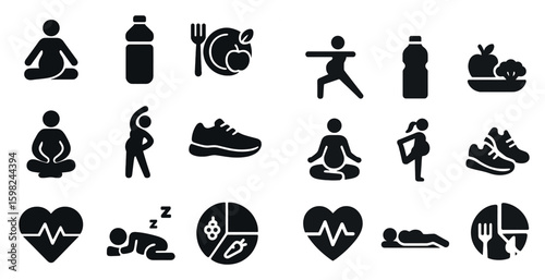 Health and fitness solid icons set – silhouette, wellness, exercise symbols
