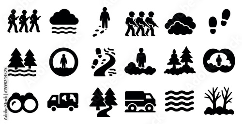 Nature and hiking solid icons set – silhouette, outdoor, adventure symbols
