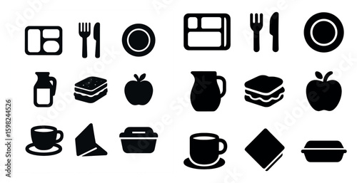 School lunch solid icons set – filled, meal, cafeteria and snack symbols