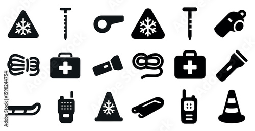 Winter safety solid icons set – flat, filled, emergency and hazard symbols