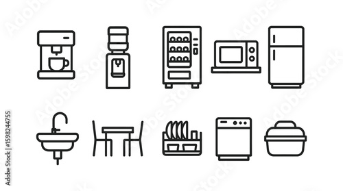 Kitchen appliances line icon set. coffee, water, microwave, fridge, dishwasher, sink