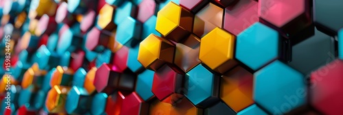 Multicolored hexagons arranged in a haphazard manner giving an abstract and chaotic feel.