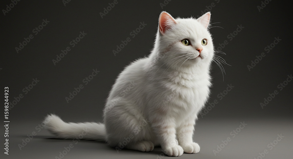 Obraz premium White Fluffy Cat Looking Up Against Dark Background in Dramatic Lighting