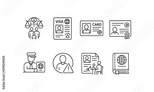 Visa, id linear icon set. passport, certification, immigration, law linear graphics