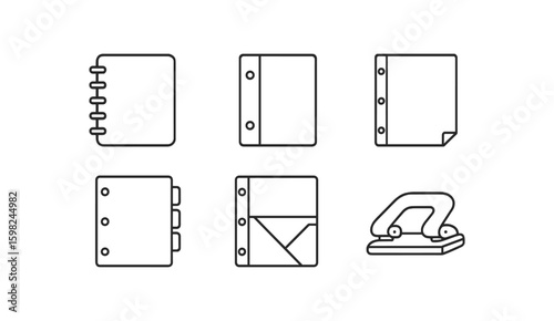 Office supplies line icon set. notebook, binder, punch icons outline collection