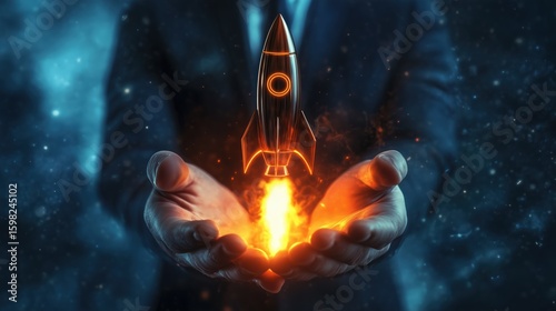 Businessman Holding Rocket with Flames in Dark Background