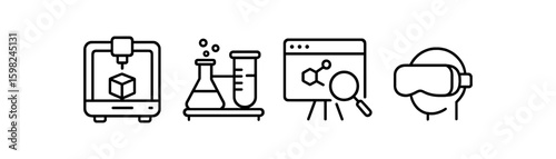 Science and technology outline icon set: 3d printer, chemistry, vr glasses icons collection