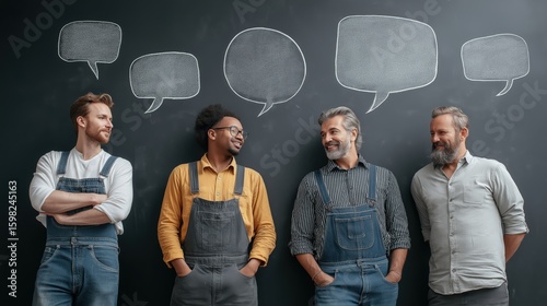 Diverse Group of Men Engaged in Conversation with Speech Bubbles