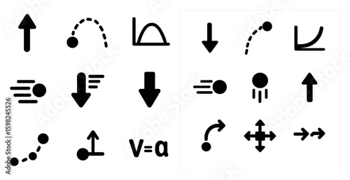 Physics and motion silhouette icons set – linear, solid, dynamics symbols