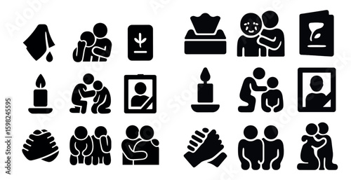 Funeral and sympathy solid icons set – filled, memorial, and condolence symbols