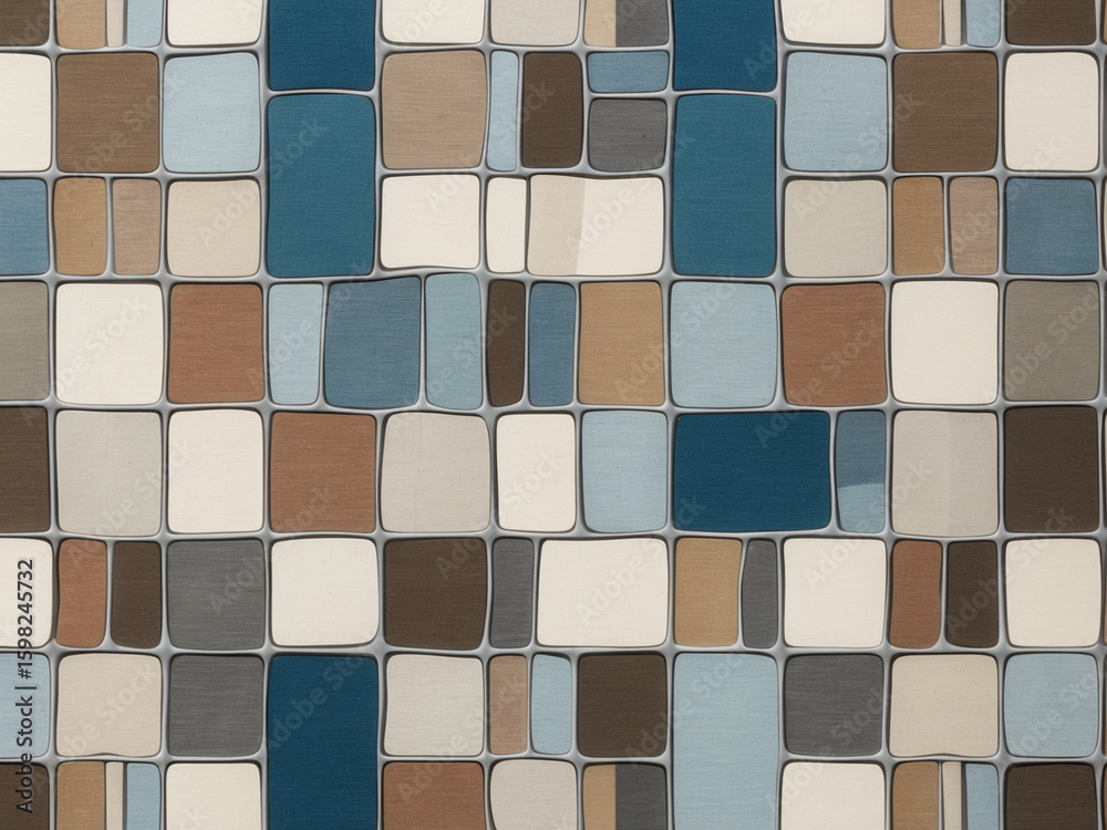 Seamless retro pattern of mosaic tiles. Geometric background with rounded squares in blue, brown, and beige. Seamless retro pattern of mosaic tiles. Geometric background with rounded squares in blue, brown, and beige.