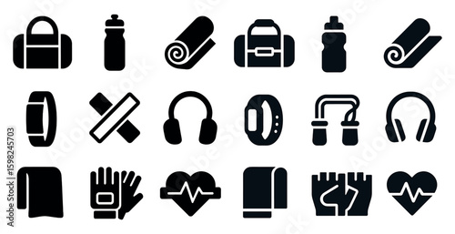 Fitness and gym solid icons set – health, exercise, workout equipment symbols