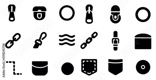 Fastener and link solid icons set – filled, connectors and secure attachment symbols