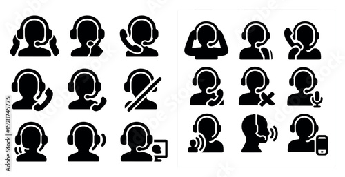 Call center silhouette icons set – solid, communication, customer support symbols